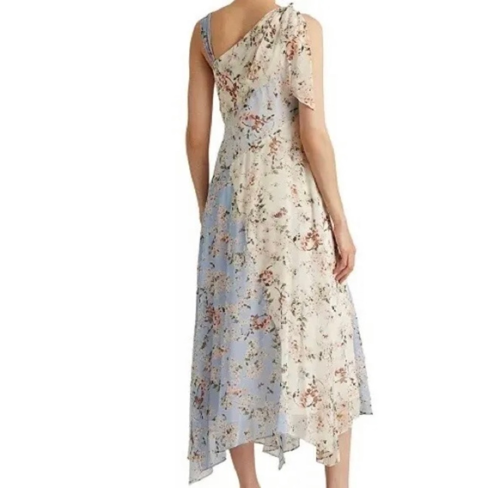 Lauren Ralph Lauren Floral Asymmetrical Hem Bow Georgette Dress in Blue Multi - Picture 2 of 6